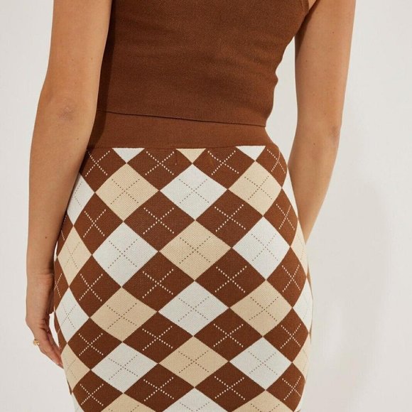 Womens Matching Set Outfit Tank Skirt Mini Size XS Brown Ivory Diamond Stretch - Picture 7 of 16